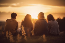 Group of young friends sitting watching the Sunset