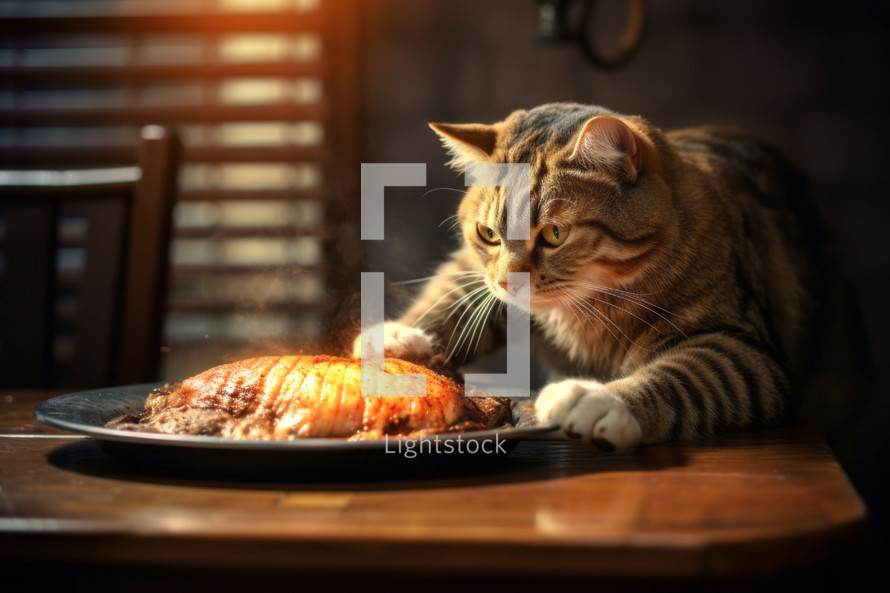 AI generative images. Cute cat trying to steal and eat prepared food from the table