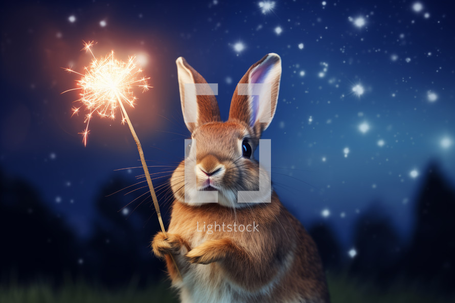 AI Generated Image. Easter bunny holding sparkler against the night starry sky