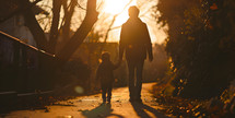 mother and child silhouette walk in the sunset on street