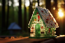 AI Image. A miniature cabin house, constructed entirely from used plastic bottles in a forest. The sunset in the background. Upcycling concept