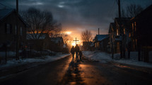 A family of three walks towards a cross in the middle of winter just as the sun sets down. 