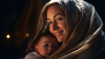 Happy woman in scarf holding a newborn baby to her chest. Christian family concept