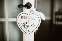 Here comes the bride door hanger sign 