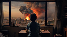 Kid watching the war explosions through the window. War concept