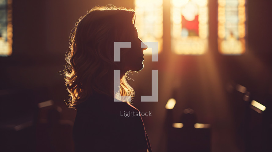 A woman standing in a church alone with light shining through the windows