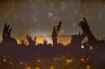silhouettes of raised hands at a worship service and bokeh light 