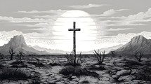 Black And White Cross At Sunset In The Desert