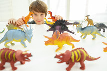 Caucasian boy playing with toy dinosaurs
