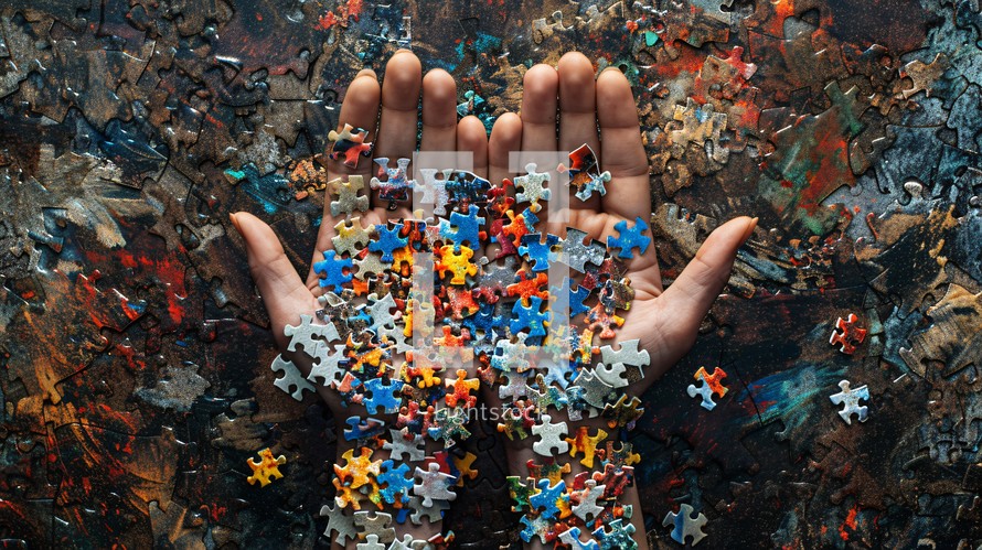 Hands Covered By Puzzle Pieces For World Autism Awareness Day 
