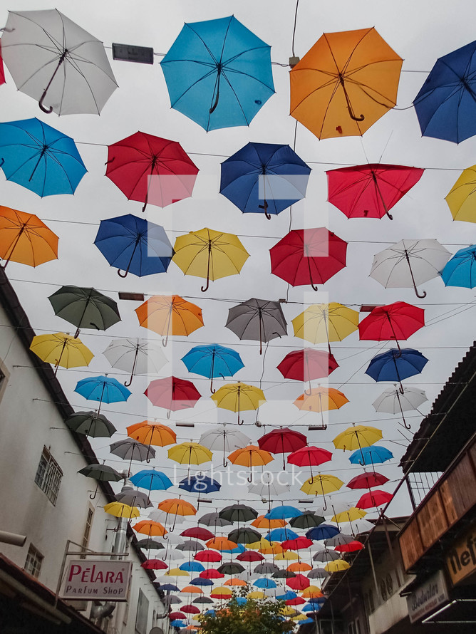 umbrella decorations over a street in Turkey 
