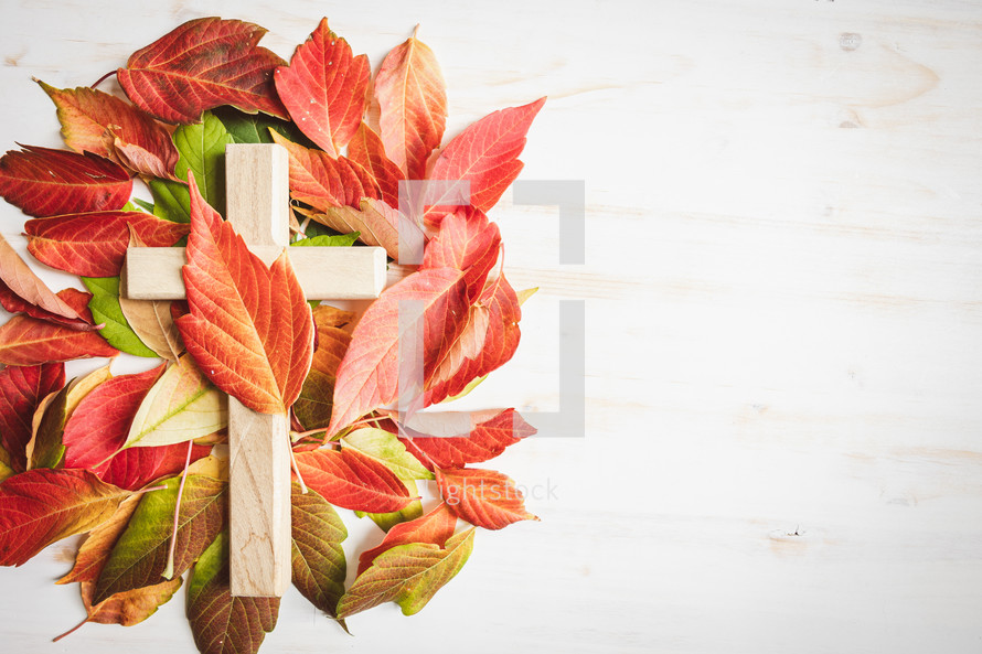 Wood cross with autumn leaves on a white wood background with copy space