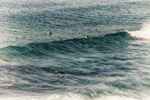 surfers catching waves 