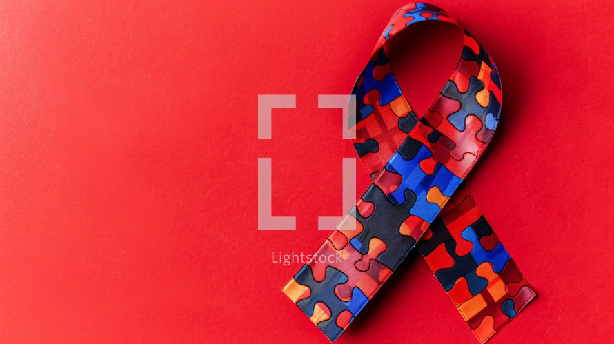 Ribbon For World Autism Day On Red Background 