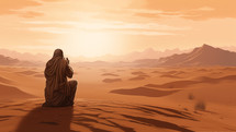 Devout man praying into hot desert alone 