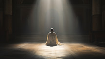 Man Praying God In Empty Church With Beam Light
