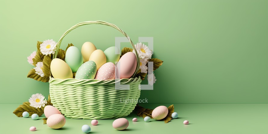 Eggs in a basket on a green background with copy space for Easter