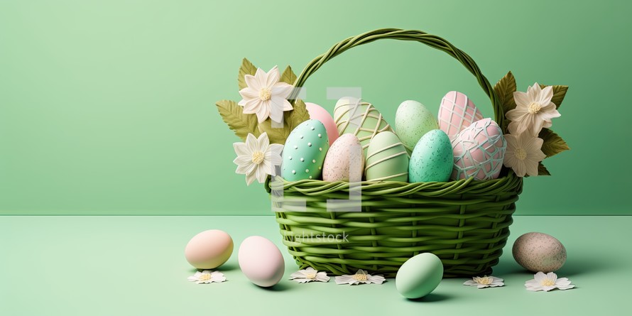 Eggs in a basket on a green background with copy space for Easter