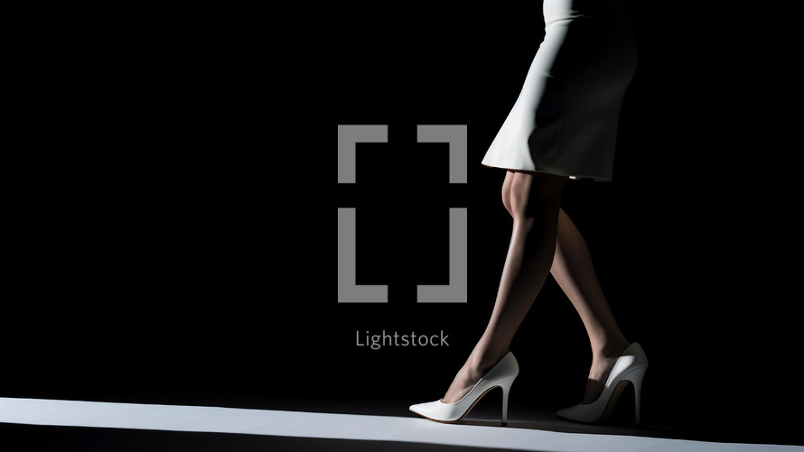 Woman walking on heels with dark background 