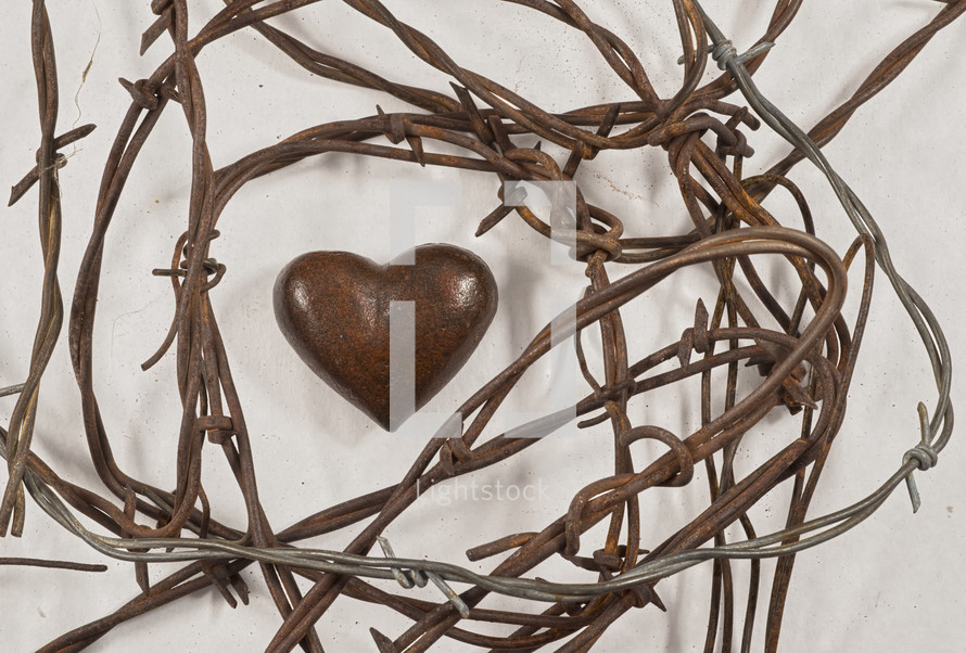 Stone heart surrounded by barbed wire.