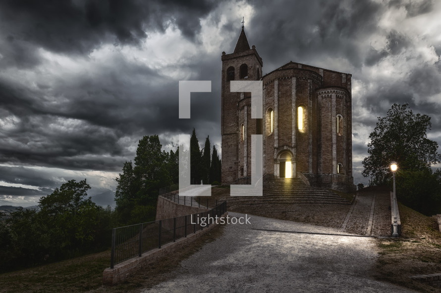 church under dark skies 