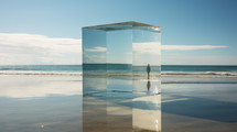 Abstract glass cube on beach