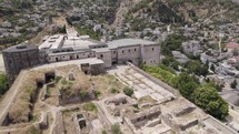 Orbiting view of Gjirokaster Castle, stone ruins of the old citadel, Albania heritage