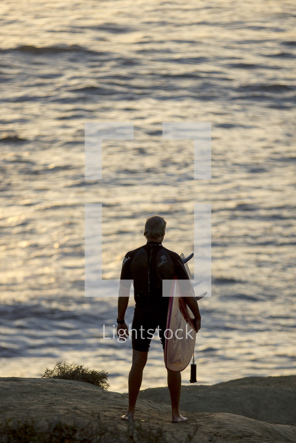 surfer standing on a shore with back to the camera 