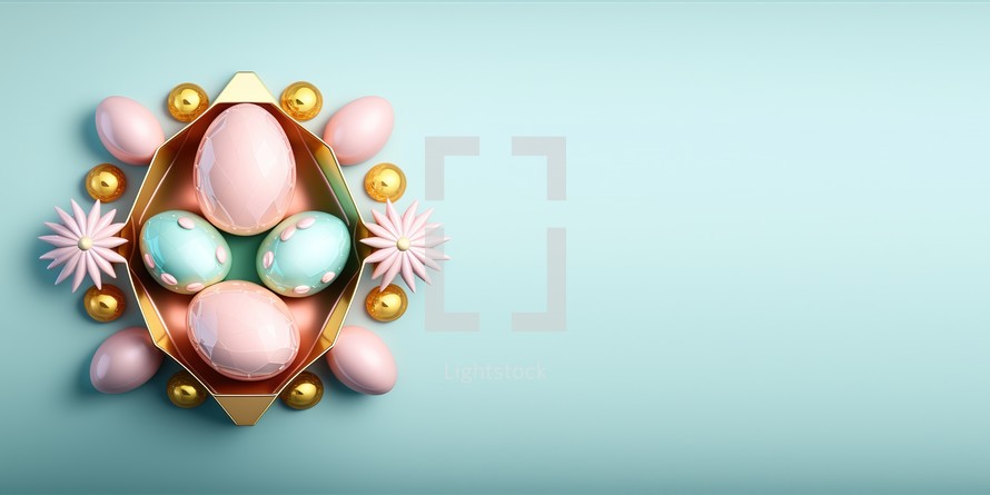 Shiny 3d Easter eggs as a background or banner with small flower ornaments and empty space
