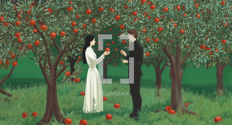 Conceptual illustration of Adam and Eve and the apple