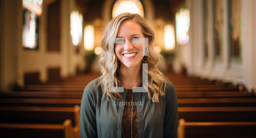 Portrait of a smiling happy young womanwith a church background