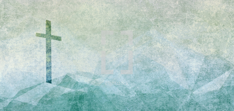 off-center cross on hill in muted blue and green grunge texture