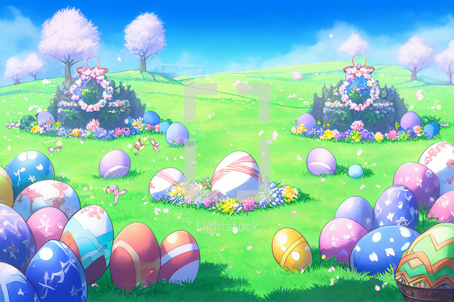 Cartoon Easter Field with Eggs