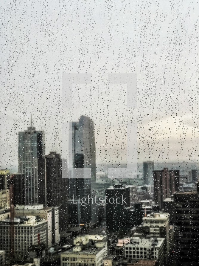 rain on a city window 