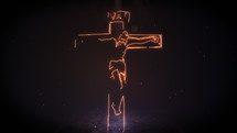 Jesus Christ on cross being drawn with golden light on black background with defocused lights spinning around. Easter background. 4k