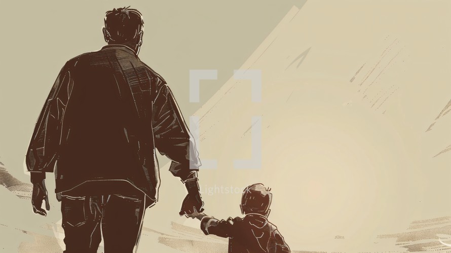 Back View Of A Father Walking With His Son 