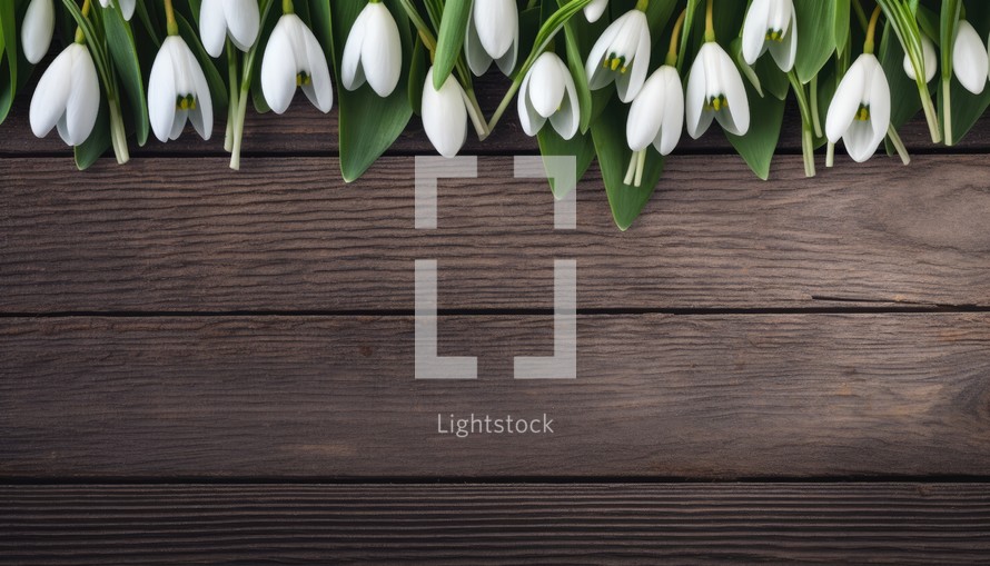 Bouquet of white snowdrops on wooden background with copy space