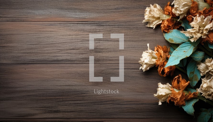 Dried flowers on wooden background with copy space. Top view.
