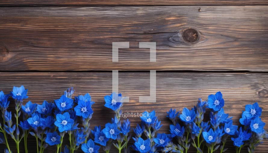 Beautiful blue flowers on wooden background. Flat lay, top view.