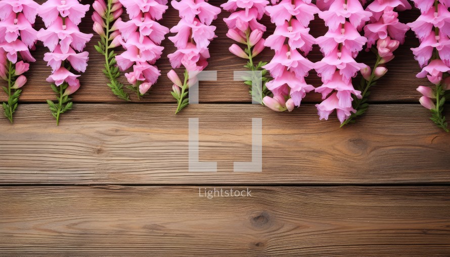 Beautiful pink flowers on brown wooden table, flat lay. Space for text
