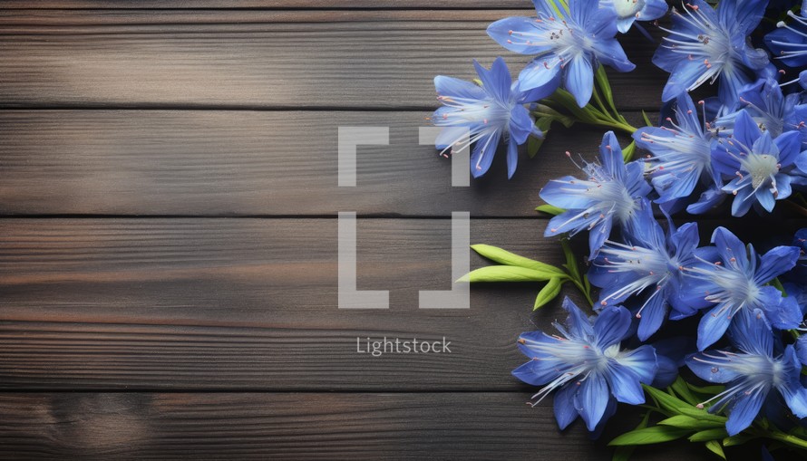 Beautiful flowers on wooden background, top view. Space for text