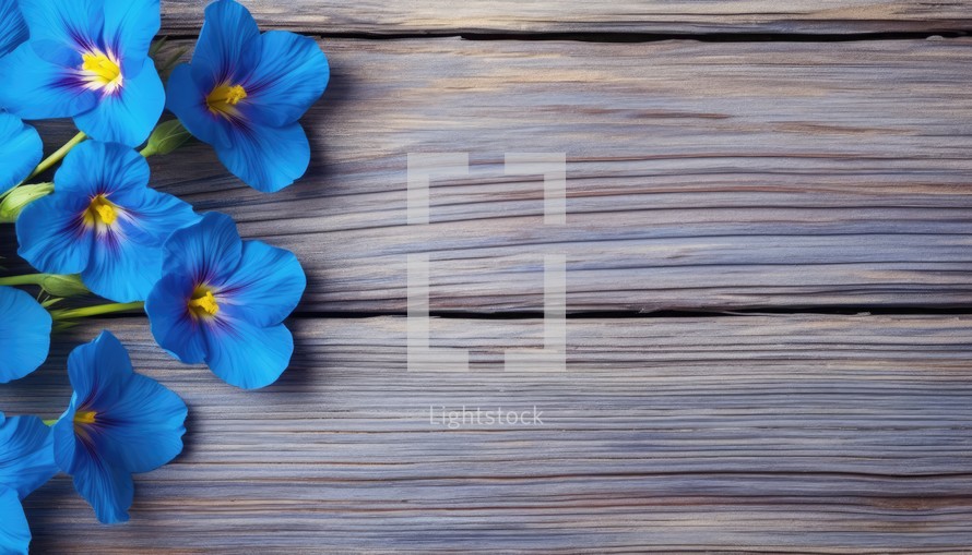 Blue pansy flowers on a grey wooden background with copy space.