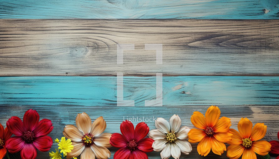 Colorful flowers on blue wooden background. Top view with copy space
