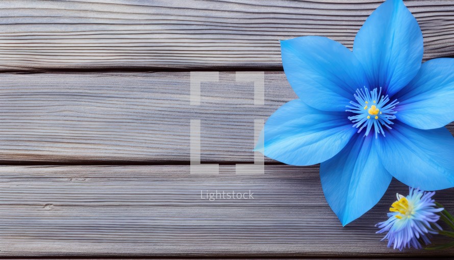Blue flower on wooden background. Top view with copy space. Flat lay.