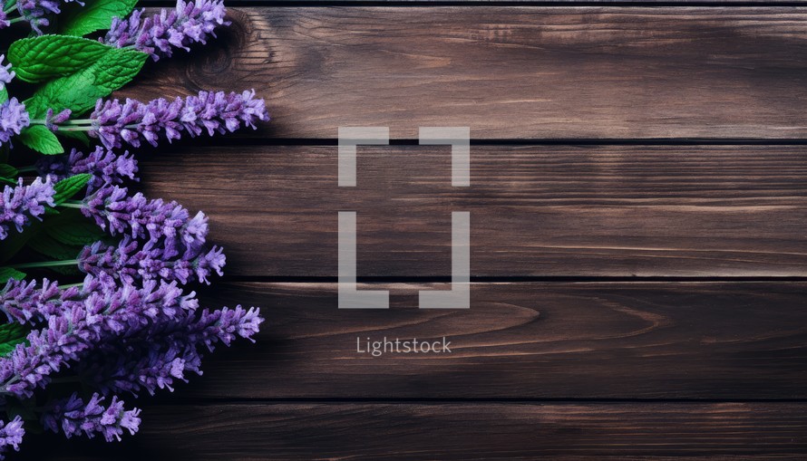 Lavender flowers on wooden background. Top view with copy space