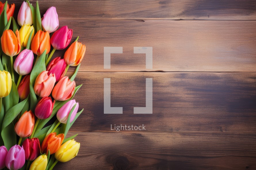 Bouquet of tulips on wooden background. Top view with copy space