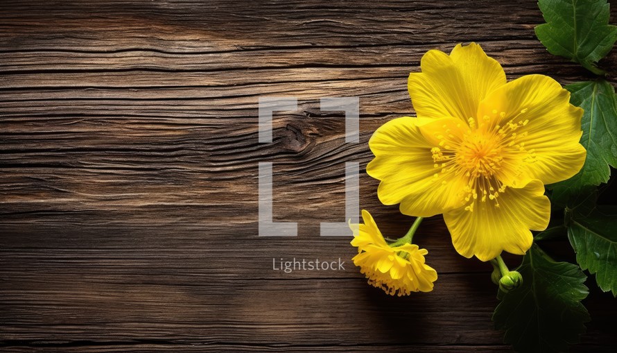Yellow flowers on old wooden background. Top view with copy space.