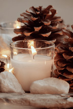 pine cones and white candle arrangement, table decor