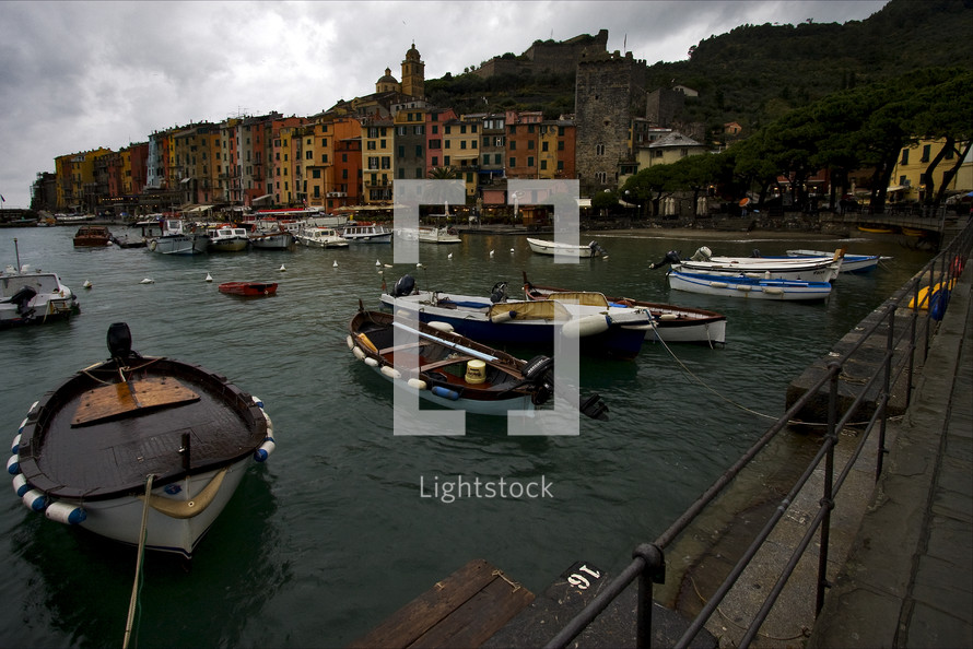 docked boats along Italian coastline 