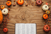 Bible surrounded by fall themed decorations 